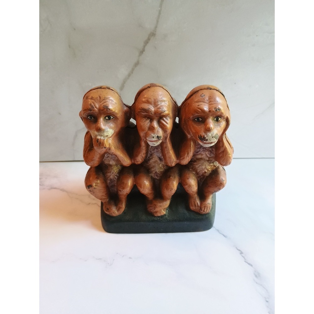 Cast Iron Three Wise Monkeys Hear Speak See No Evil Coin Bank